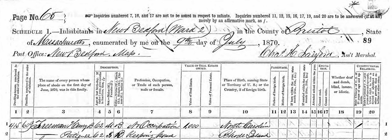 1870 Federal Census record image showing Henry B. Freeman and Patience Freeman
