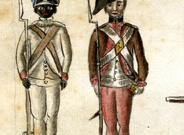 Soldiers at the siege of Yorktown, including a black soldier from the 1st Rhode Island Regiment.