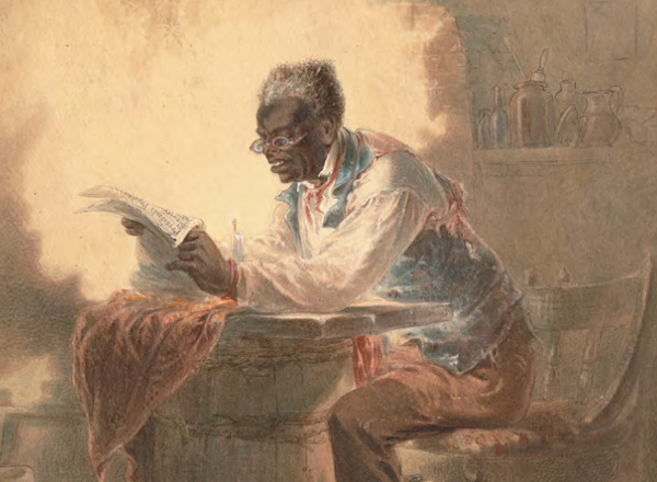 “Black man reading newspaper by candlelight” by H. L. Stephens, ca. 1863. Library of Congress.